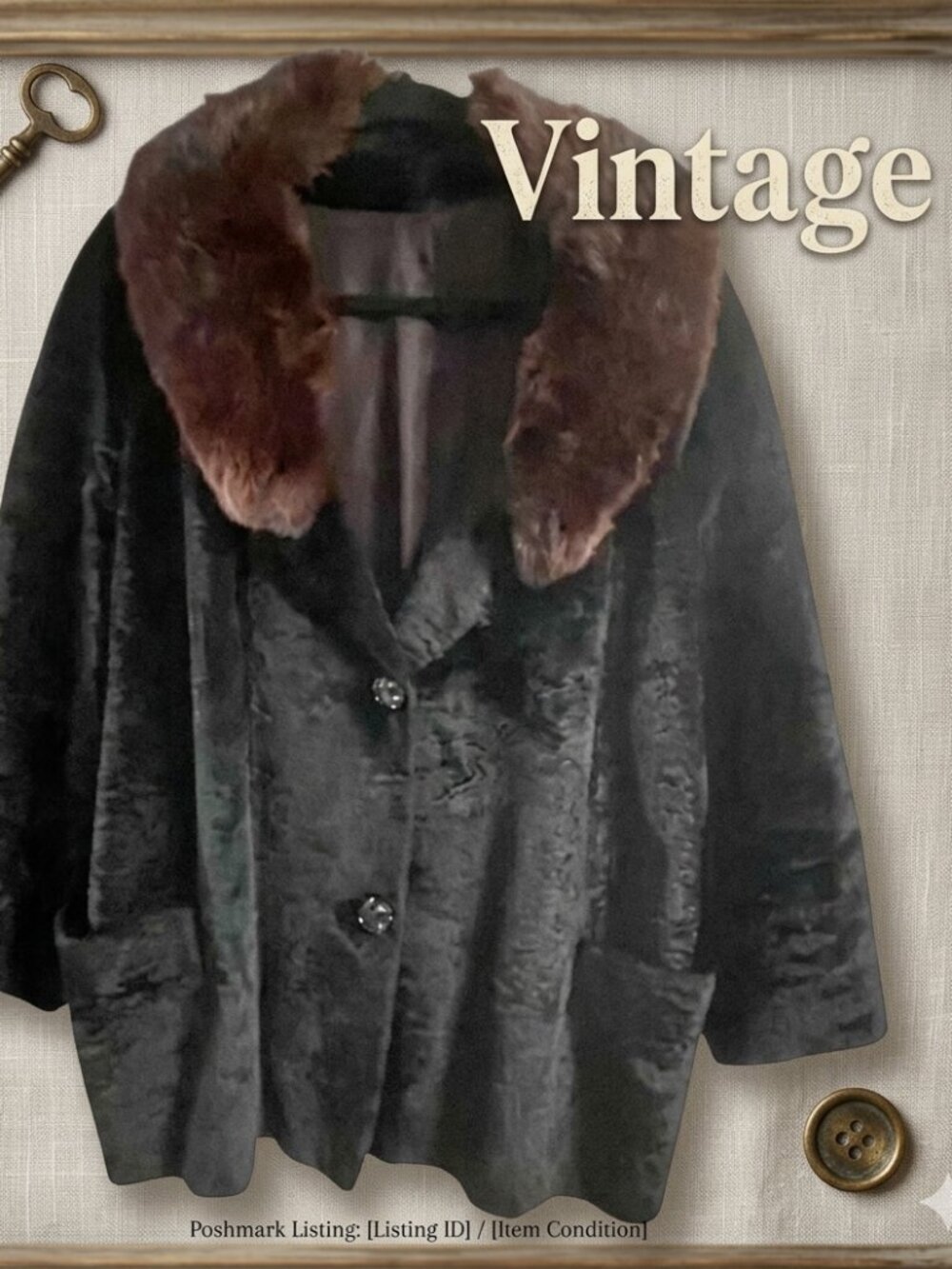 Vintage 1940s 1950s Black Plush Swing Coat Faux Fur Silk Satin Mink Collar S 18